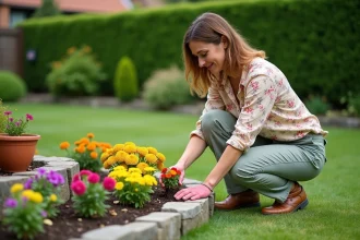 Jardin fleuri avec des bordures soignées et un arrosage efficace