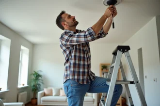 Installation d'un plafonnier avec préparation des fils électriques