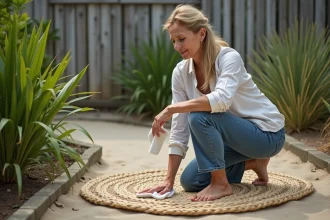 Chien sur un tapis avec des produits de nettoyage à proximité