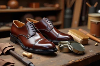 Paire de chaussures Oxford en cuir marron foncé sur un établi de cordonnier avec un pot de graisse ouverte et une brosse en crin de cheval