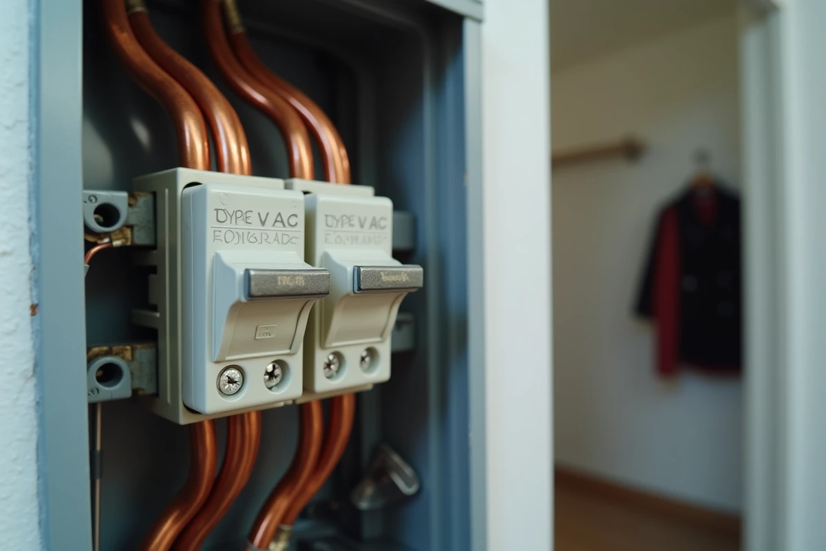 Gros plan sur deux disjoncteurs différentiels type A et type AC côte à côte dans un tableau électrique ouvert avec câblage cuivre