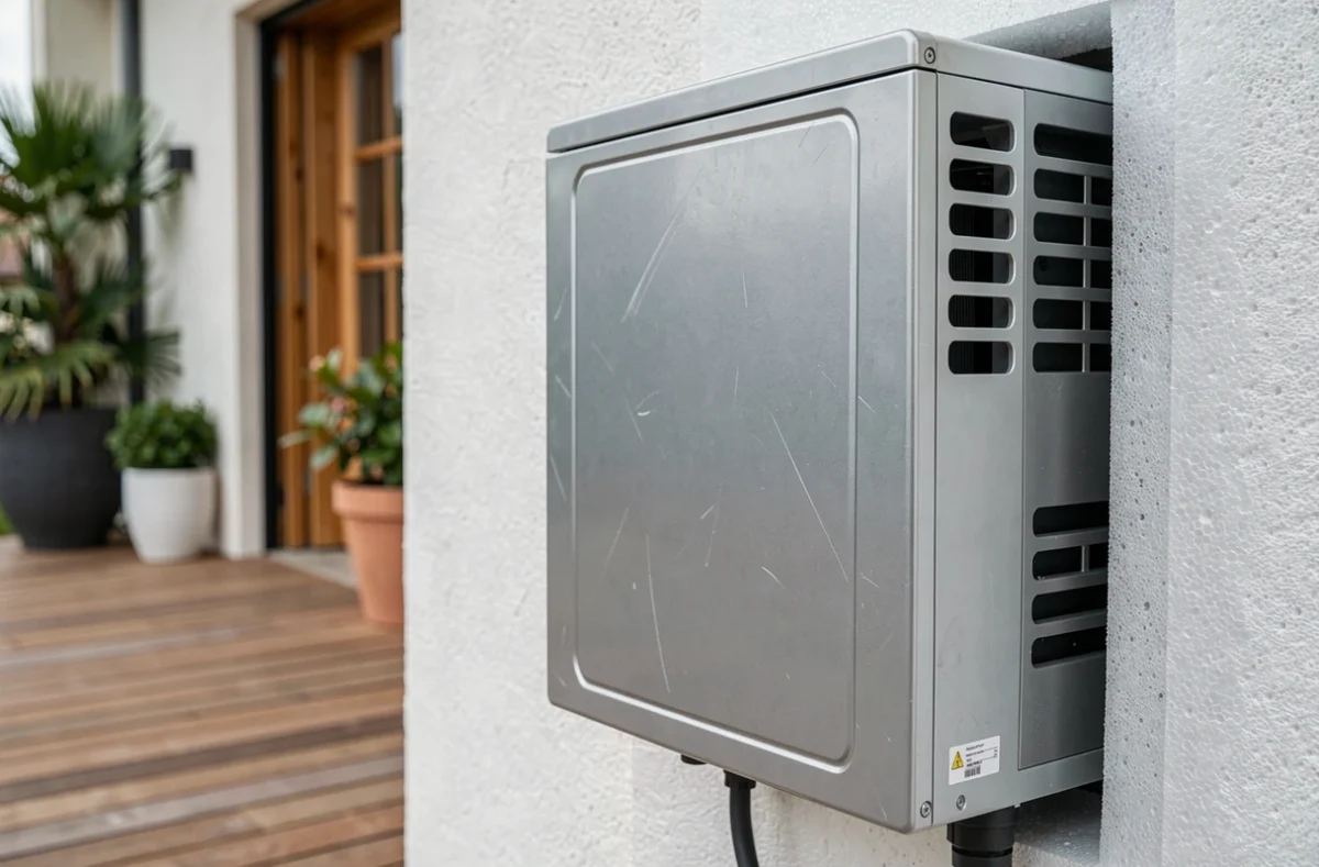 Gros plan sur une pompe à chaleur air-eau installée sur la façade extérieure d'une maison contemporaine éligible aux CEE