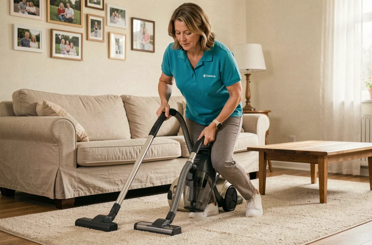 Professionnelle d'Harmonie Domicile passant l'aspirateur sur un tapis en laine dans un salon cosy