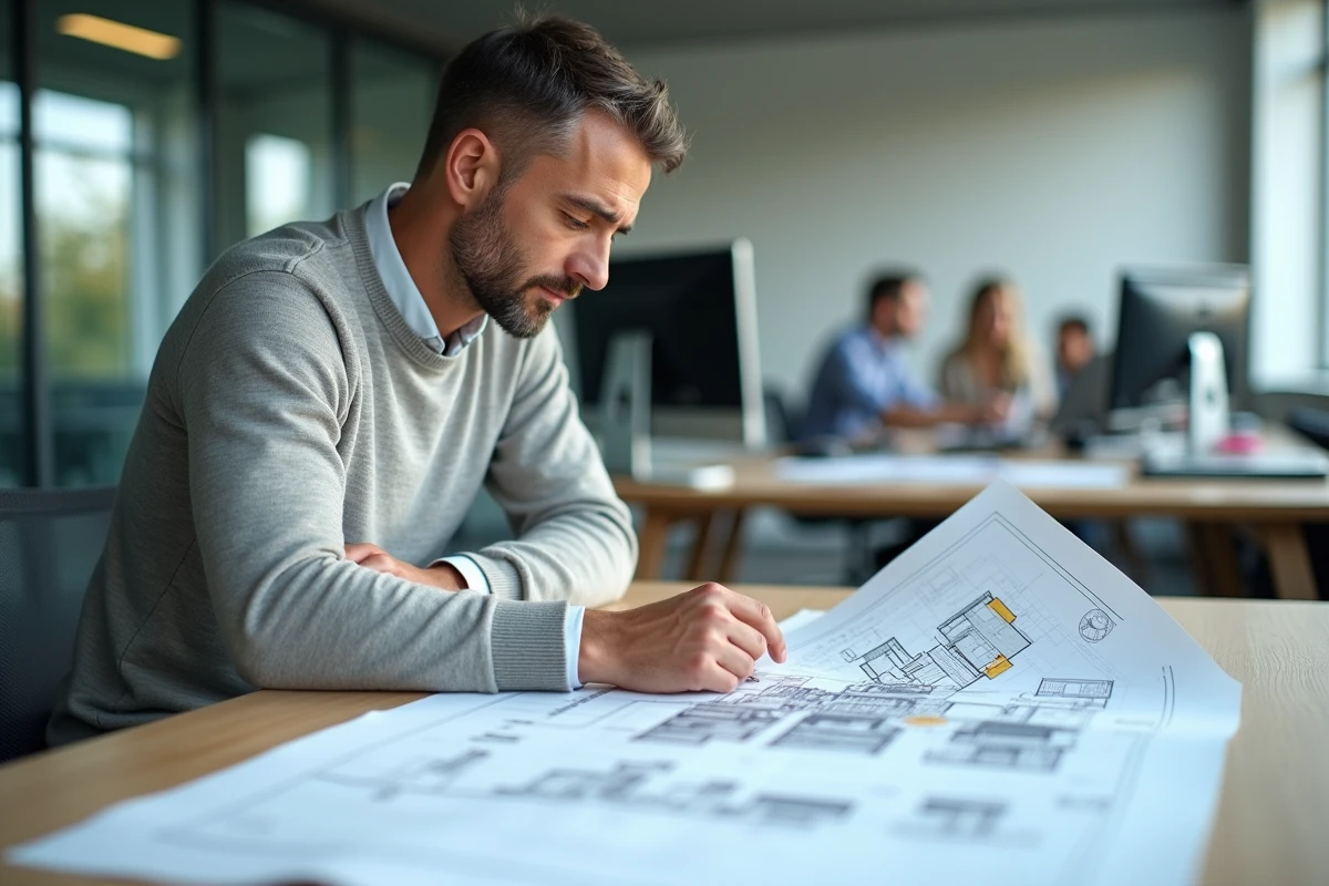 Architecte homme examinant un plan 3D dans un bureau moderne