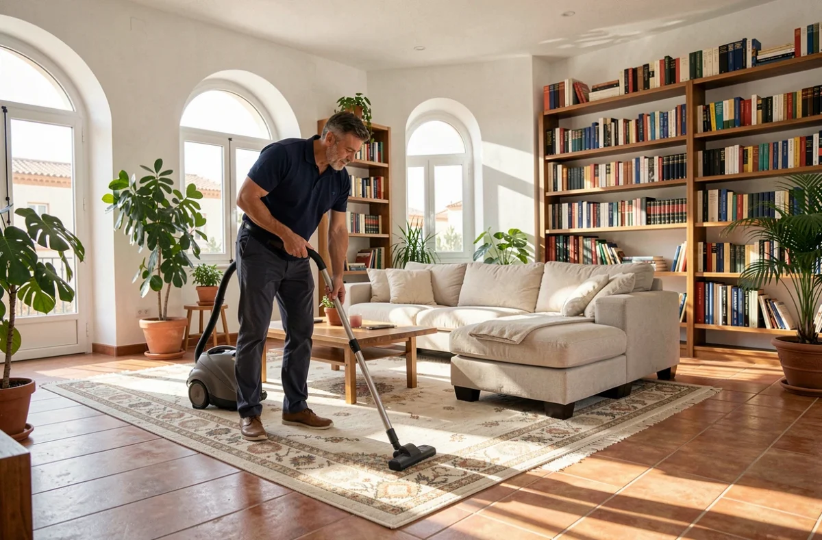 Homme passant l'aspirateur dans un salon spacieux à Valence avec des fenêtres méditerranéennes et une décoration naturelle
