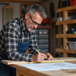 Principe du bricolage : découvrir les bases pour réussir vos projets de travaux Homme d'âge moyen mesurant une planche en bois dans un atelier organisé