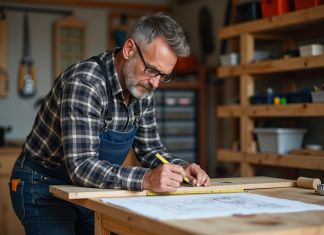 Homme d'âge moyen mesurant une planche en bois dans un atelier organisé