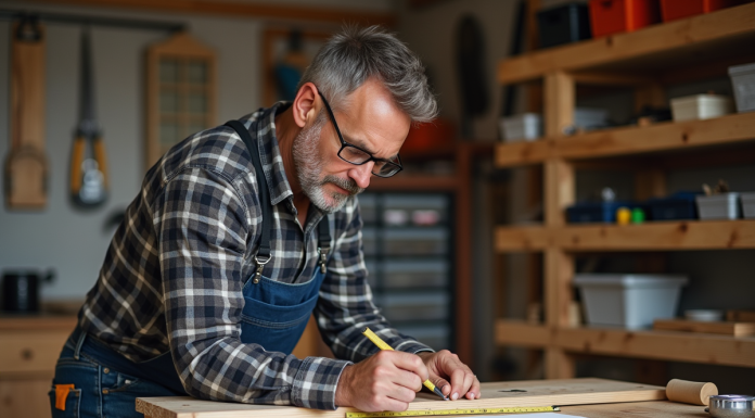 Principe du bricolage : découvrir les bases pour réussir vos projets de travaux Homme d'âge moyen mesurant une planche en bois dans un atelier organisé