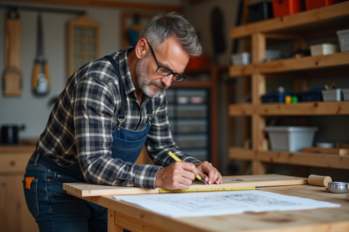 homme-bricolage-atelier Homme d'âge moyen mesurant une planche en bois dans un atelier organisé