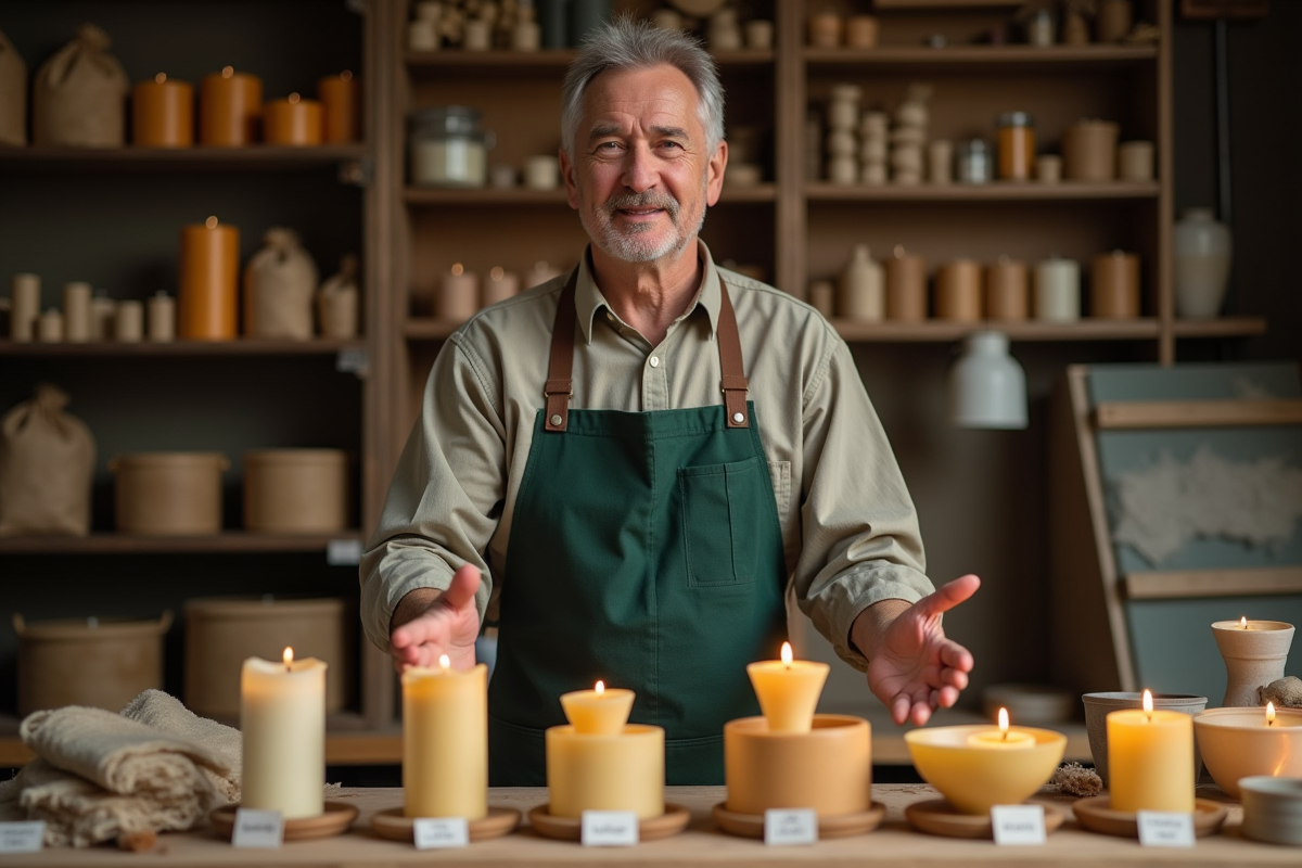 Homme compare différents types de cire à la table de bricolage
