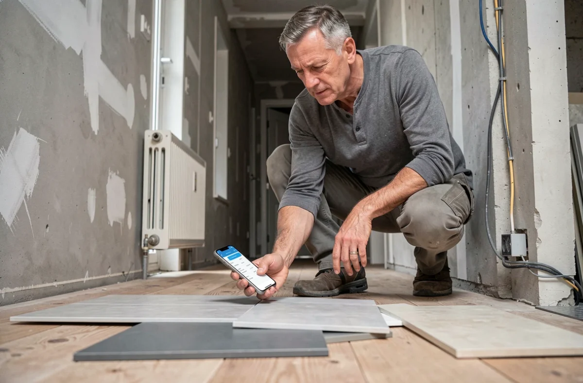 Homme comparant des carrelages et tarifs de travaux dans un couloir en cours de rénovation