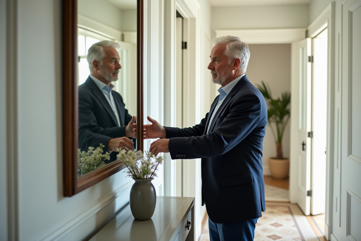 Homme ajustant un vase de fleurs devant un miroir dans l