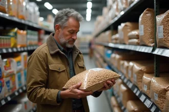 Homme examinant un sac de pellets en magasin