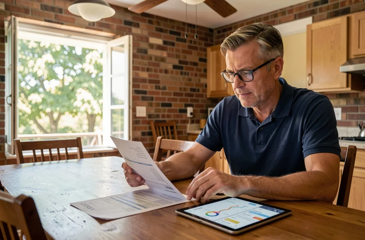 Homme consultant sa facture d'électricité et une application d'énergie en lien avec la pompe à chaleur