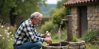 Eau de puit : est-elle potable ? Conseils et analyse de qualité Homme d'âge moyen près d'une fontaine en campagne