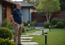 Meilleur éclairage extérieur pour votre jardin : choix et conseils Homme d'âge moyen examinant des lumières de jardin modernes