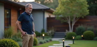 Meilleur éclairage extérieur pour votre jardin : choix et conseils Homme d'âge moyen examinant des lumières de jardin modernes