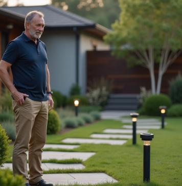 Meilleur éclairage extérieur pour votre jardin : choix et conseils Homme d'âge moyen examinant des lumières de jardin modernes