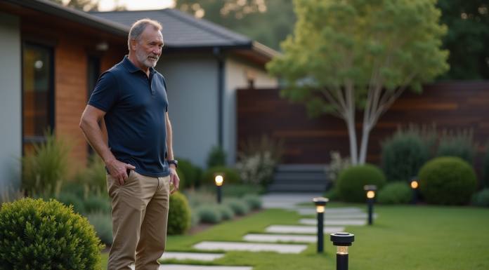Meilleur éclairage extérieur pour votre jardin : choix et conseils Homme d'âge moyen examinant des lumières de jardin modernes
