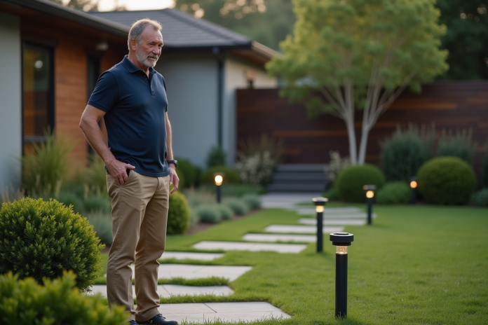 Homme d'âge moyen examinant des lumières de jardin modernes