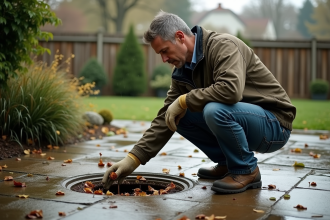 Homme d'âge moyen nettoyant une canalisation d'eau pluviale dans un jardin