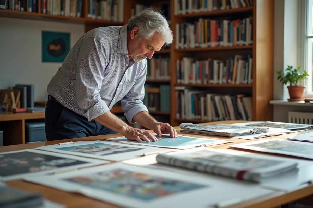 Homme classant des posters dans des pochettes d