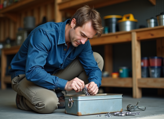 Homme moyen âge organise outils dans un garage