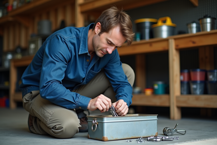 homme-outil-garage Homme moyen âge organise outils dans un garage