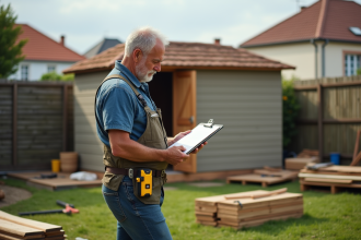 Homme français examine une cabane de jardin en construction