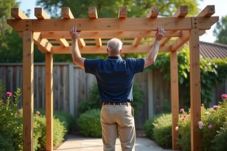Homme inspectant une pergola en bois dans un jardin verdoyant