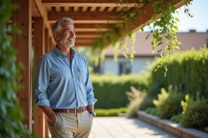Homme détendu sous une pergola en bois dans un jardin