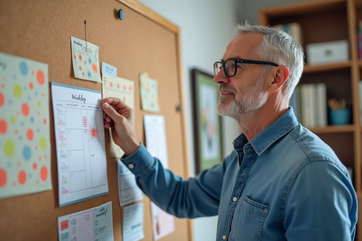 Homme fixant un planner color&eacute; sur un tableau dans son bureau