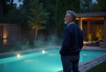 Économiser sur le chauffage de piscine : exploitation nocturne avantageuse ? Homme contemplant la piscine la nuit dans un jardin calme