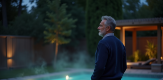 Économiser sur le chauffage de piscine : exploitation nocturne avantageuse ? Homme contemplant la piscine la nuit dans un jardin calme