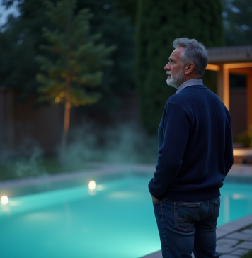 Économiser sur le chauffage de piscine : exploitation nocturne avantageuse ? Homme contemplant la piscine la nuit dans un jardin calme
