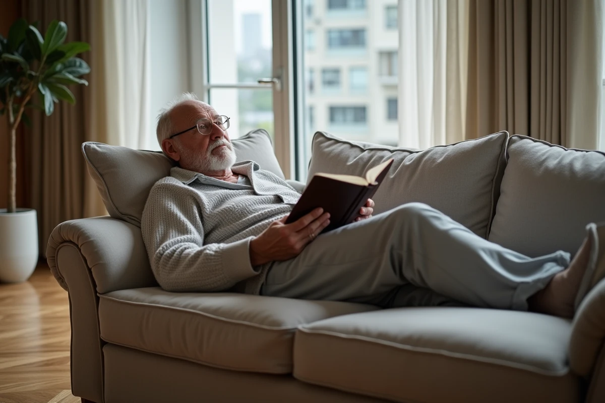 Homme âgé lisant confortablement sur un canapé moderne