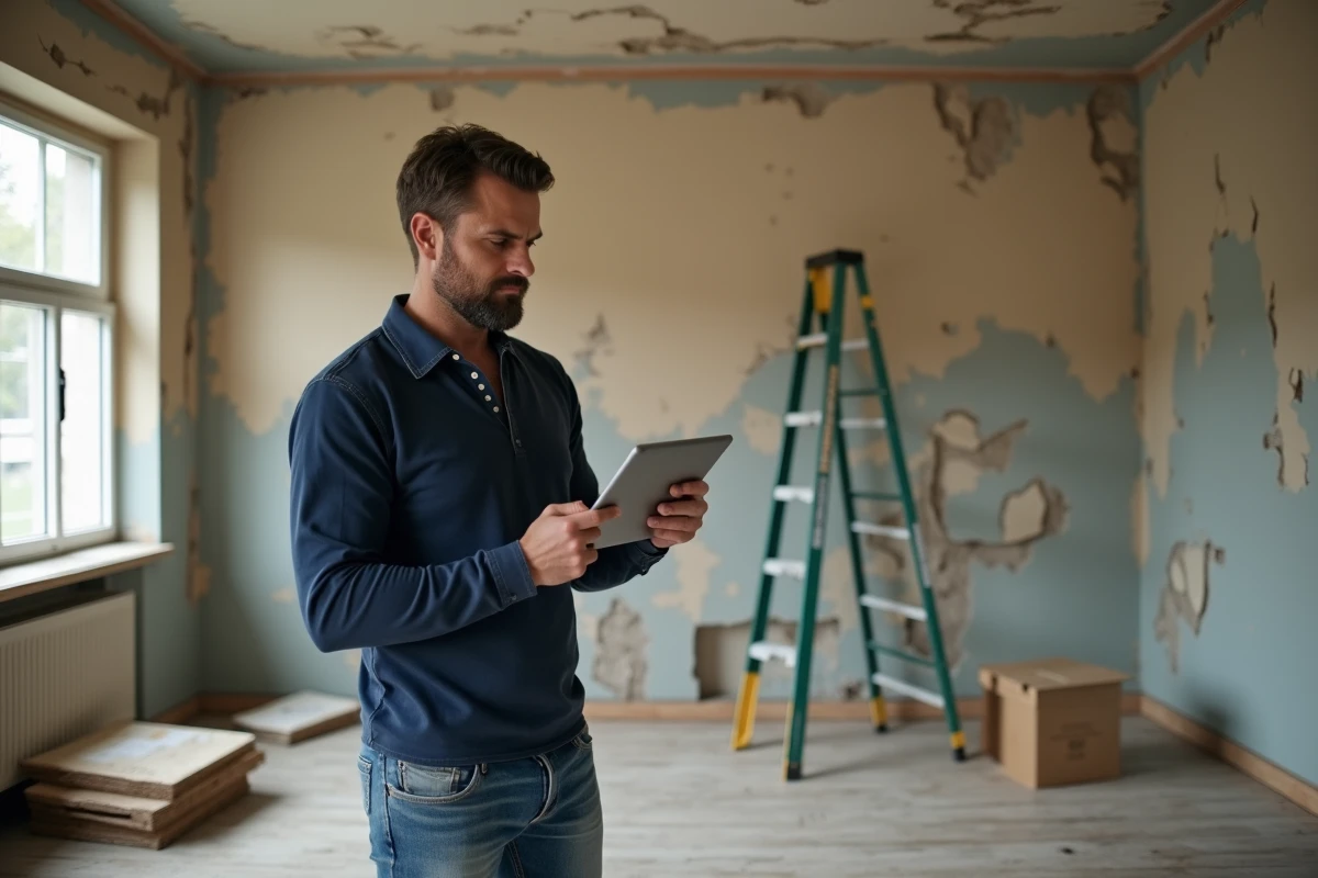 Homme consultant un forum de rénovation sur tablette dans un salon en cours de travaux avec plâtre apparent et matériaux de chantier