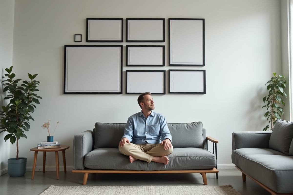 Homme contemplant des cadres photo noirs et blancs dans un salon moderne