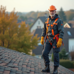 Sécurité toit maison : Peut-on rester debout en toute sécurité sur le toit ? Homme en tenue de sécurité sur un toit résidentiel en pente