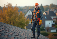 Sécurité toit maison : Peut-on rester debout en toute sécurité sur le toit ? Homme en tenue de sécurité sur un toit résidentiel en pente