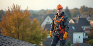Sécurité toit maison : Peut-on rester debout en toute sécurité sur le toit ? Homme en tenue de sécurité sur un toit résidentiel en pente