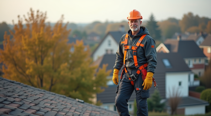 Sécurité toit maison : Peut-on rester debout en toute sécurité sur le toit ? Homme en tenue de sécurité sur un toit résidentiel en pente