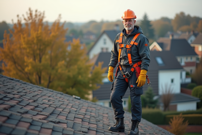 homme-securite-toit-residentiel Homme en tenue de sécurité sur un toit résidentiel en pente