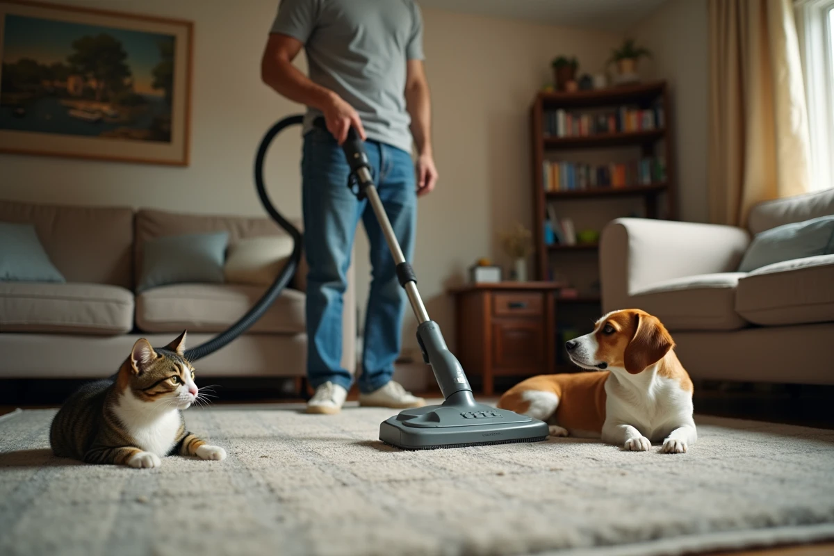 Homme utilisant une shampouineuse à tapis dans un salon familial avec un chat et un chien beagle au repos sur le canapé