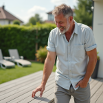 Terrasse composite : quel matériau reste frais au soleil ? Homme souriant vérifiant une terrasse composite en extérieur