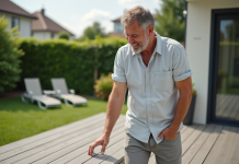 Terrasse composite : quel matériau reste frais au soleil ? Homme souriant vérifiant une terrasse composite en extérieur