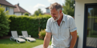 Terrasse composite : quel matériau reste frais au soleil ? Homme souriant vérifiant une terrasse composite en extérieur