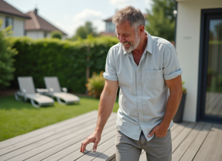 Terrasse composite : quel matériau reste frais au soleil ? Homme souriant vérifiant une terrasse composite en extérieur