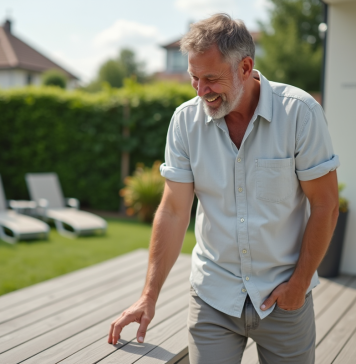 Terrasse composite : quel matériau reste frais au soleil ? Homme souriant vérifiant une terrasse composite en extérieur