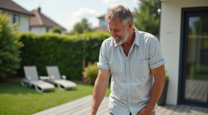 Terrasse composite : quel matériau reste frais au soleil ? Homme souriant vérifiant une terrasse composite en extérieur